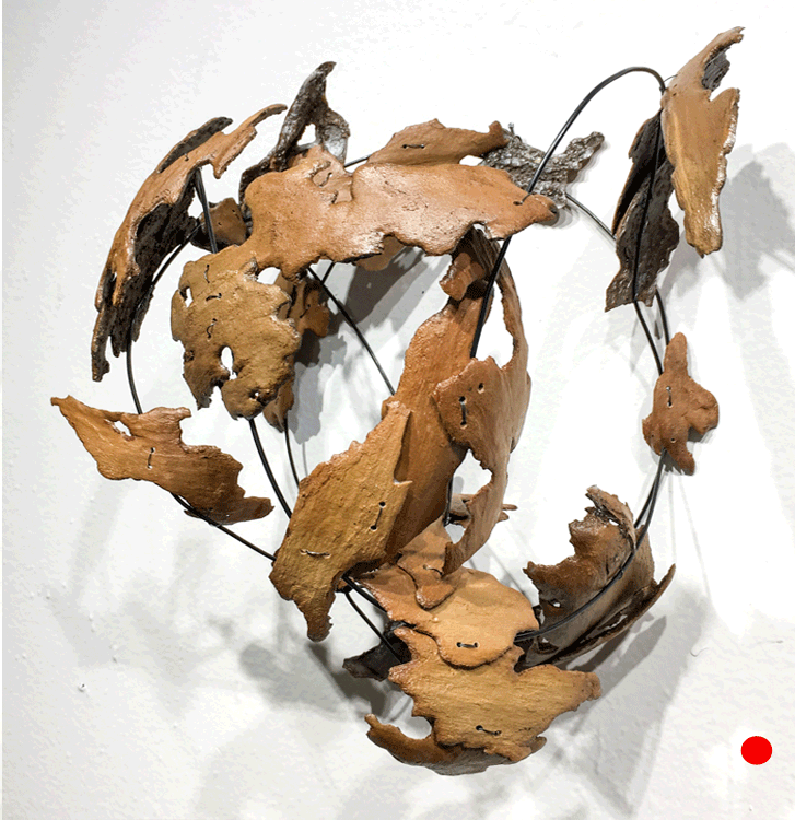PLANET<br>9”W x 9”H x 7”D, wood bark and wire, 2019